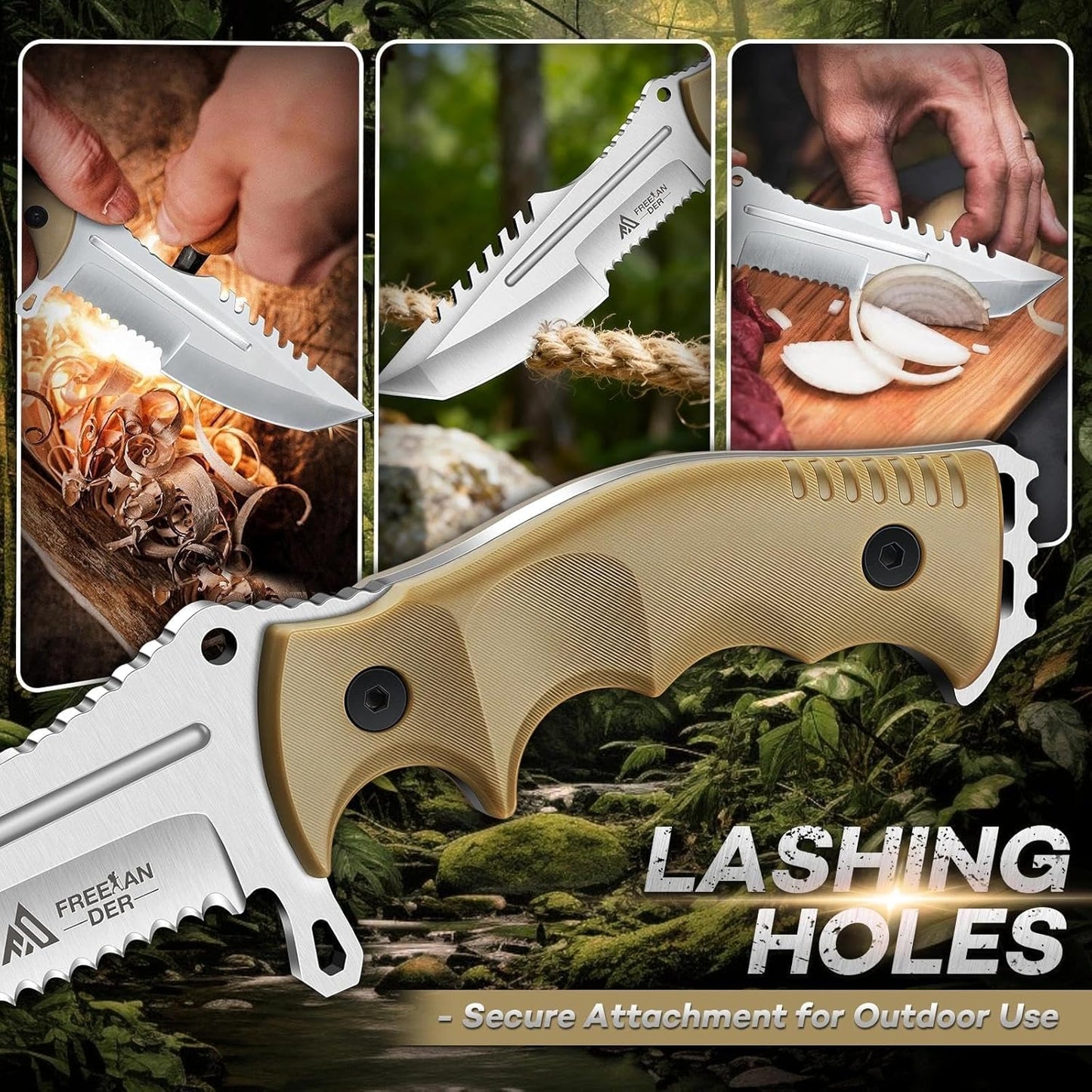 Freelander Fixed Blade Knife with Sheath, Full Tang D2 Steel Survival Knife, Camping Bushcraft Knives with Ergonomic Handle, Outdoor Knives for Men