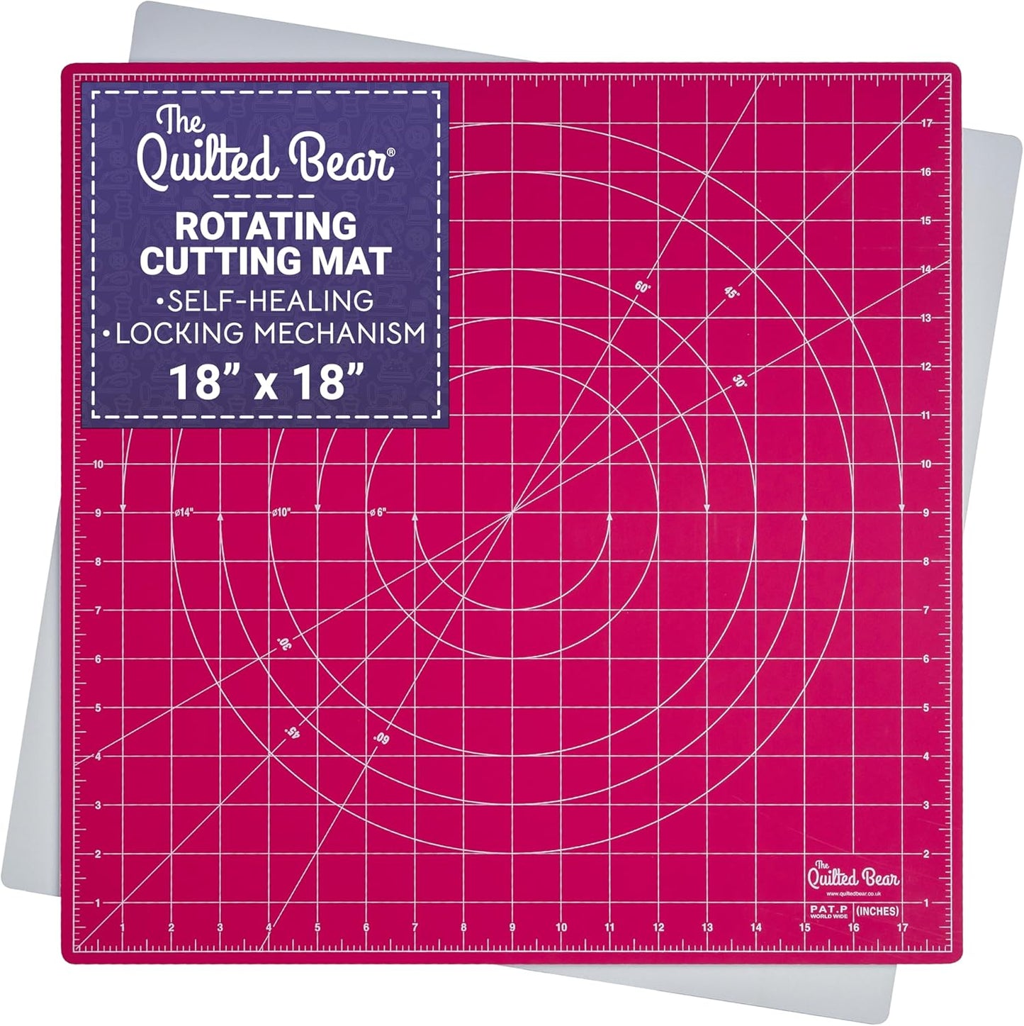 The Quilted Bear Rotating Cutting Mat 12" x 12" - Locking & Rotating Self Healing Cutting Board for Sewing, Fabric & Quilting - 360 Degree Sewing Supplies Mat for Craft Table (Pink)
