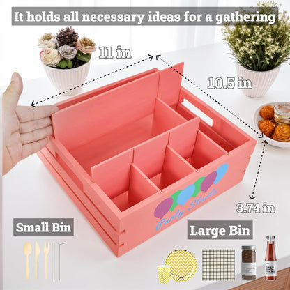 Utensil Holder for Party Farmhouse Crate Look - Pink Napkin Paper Plate Dispenser for Countertop - Silverware Caddy for Plate, Cup, Fork, Spoon - Flatware Box Organizer for Outdoor Camping Picnic