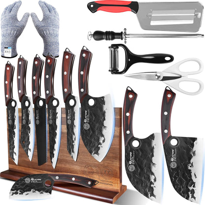 XYJ Knife Block Set, Professional Kitchen Knife Set with Magnetic Knife Block, Cutting Board, Honing Steel, High-Carbon Steel forged Blades, Chef's Knife, Cleaver, Carving Knife, Full Tang Design