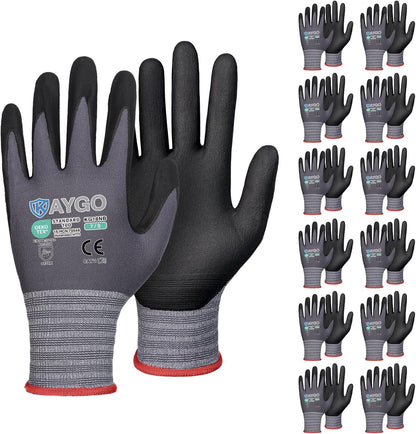 KAYGO Safety Work Gloves MicroFoam Nitrile Coated, 3 Pairs KG18NB,Seamless Knit Nylon Glove for Men and Women, Ideal for Automotive,Warehouse,Construction (Small,Gray)