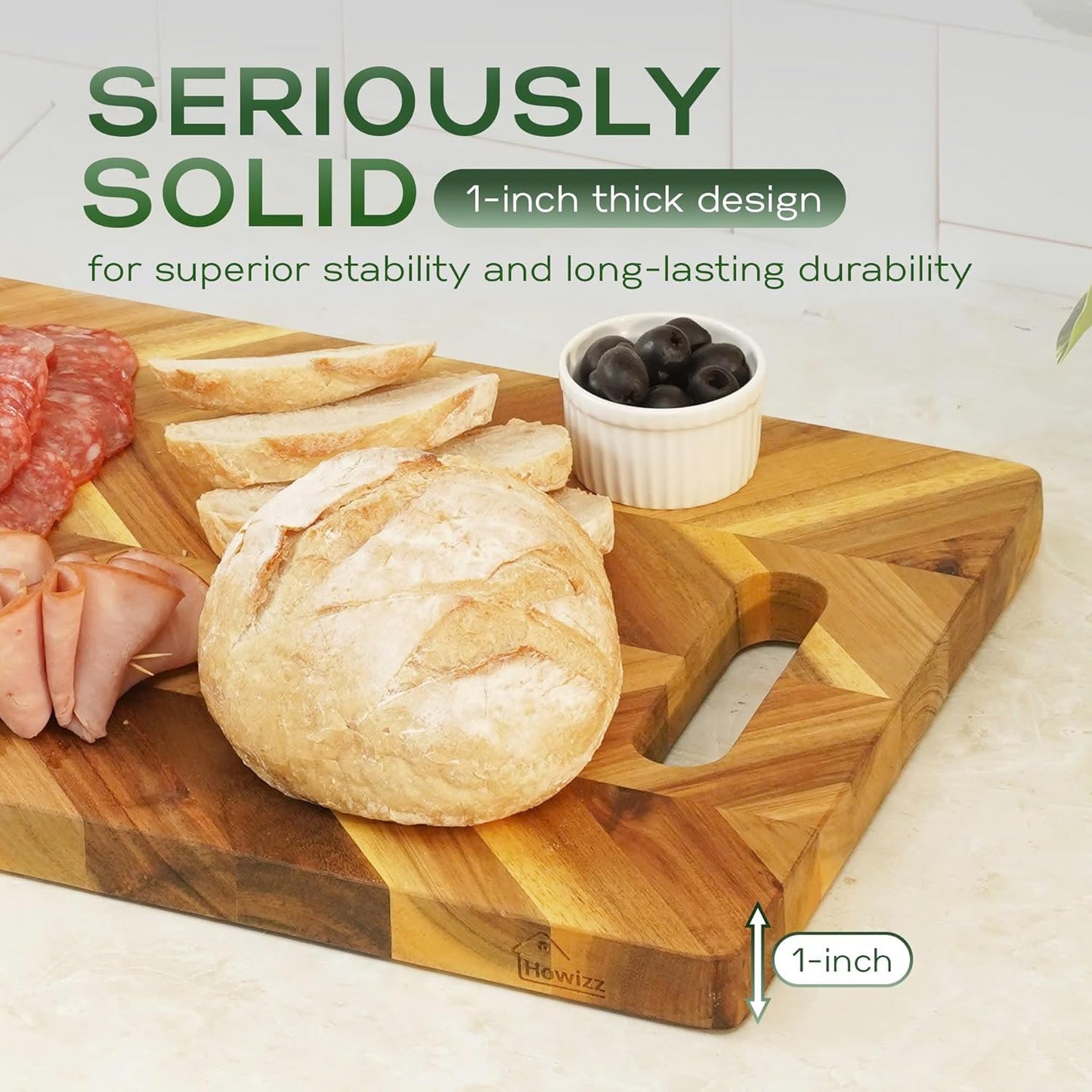 Howizz Acacia Wood Large Cutting Board, Thick End Grain Solid Wood Butcher Block For Kitchen, Non Toxic Pre-Oiled Carving Tray w/Juice Grooves and Easy Grip Handle, 20"x15"x1" (Gift-Ready Box)