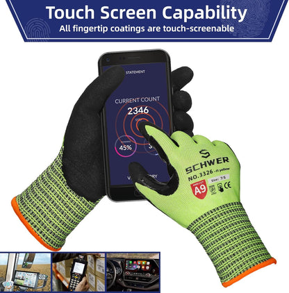 Schwer ProGuard High Level Cut Resistant Work Gloves PR3326 for Extreme Protection，ANSI A9 Cut Gloves with Reinforced Thumb, Non Slip, Breathable, Durable, Touch-screen, Black 1 Pair（XL）
