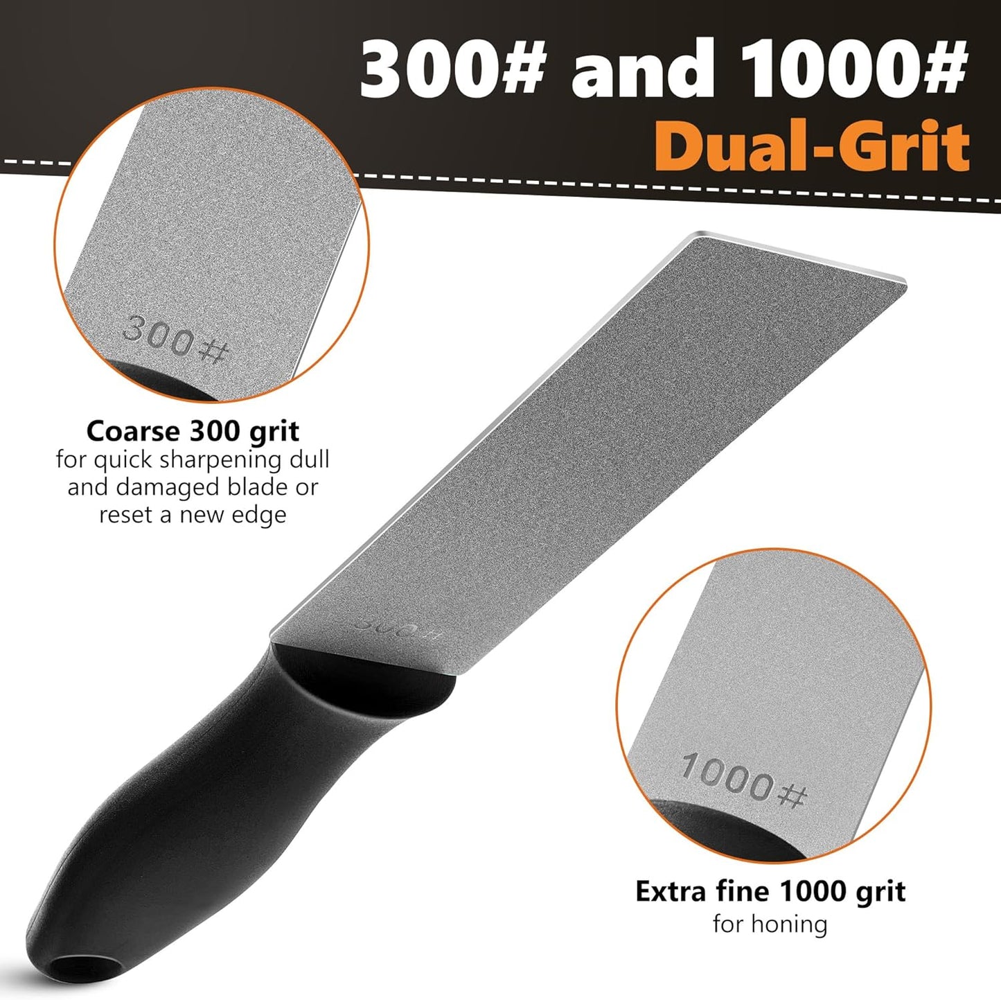 Feekoon 2 Pcs Dual Grit Diamond Sharpening Stone File Coarse 300# /Extra Fine 1000# Grit with Leather Sleeve Garden Tool Blade Sharpener for Knife, Axe, Lawn Mower Blade, Shears, Chisel Spade (Orange)