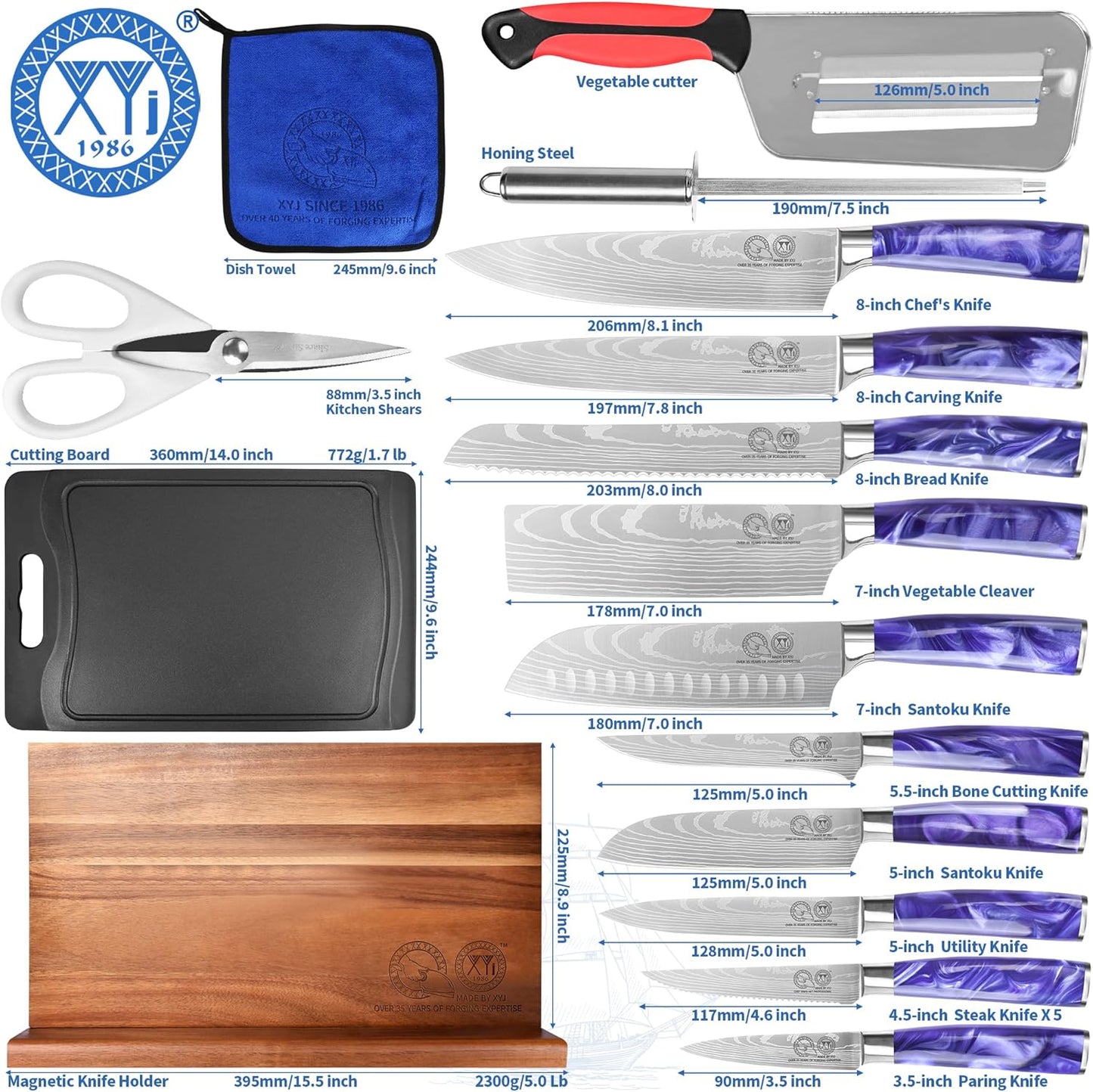 XYJ Kitchen Knife Block Set,Stainless Steel Knives Set with Magnetic Knife Block,Scissors,Gloves,Honing Steel,Japanese Style Paring Boning Steak Slicing Santoku Chef Knives,Resin Handle