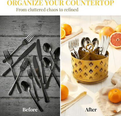 NelyBet 360° Rotating Utensil Caddy With Handle, Cutlery Silverware Caddy Holder Flatware Organizer with 4 Compartment For Kitchen Countertop Party Office Black