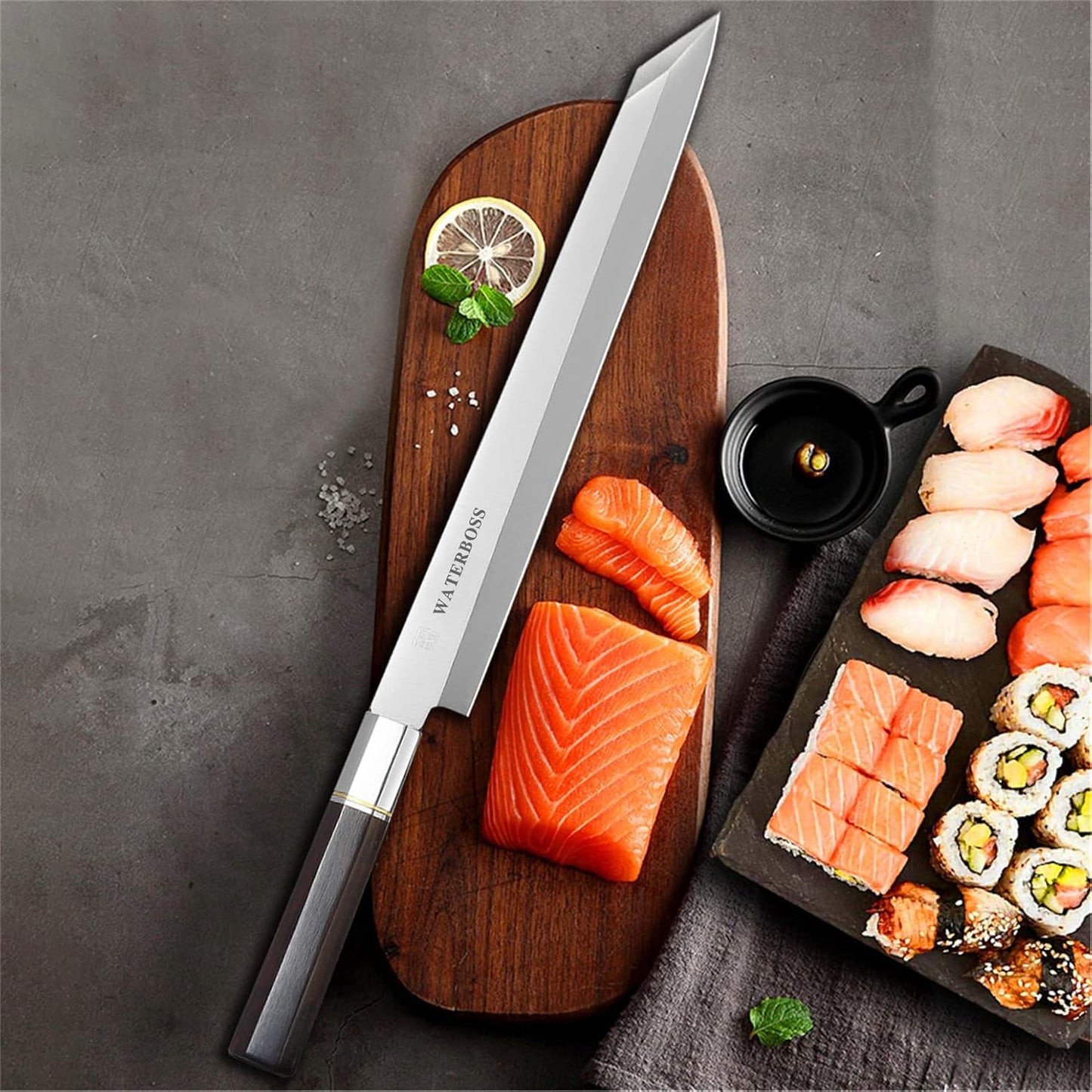 Waterboss,Japanese Sushi Chef Knife Salmon Knife Slicer Razor Sharp Sashimi Watermelon Knives, 5Cr15mov Stainless Steel Sashimi Yanagiba Knife, Maple Handle, 11.8inch (300mm)