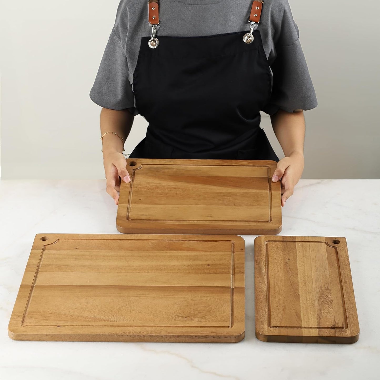 Sango Acacia Cutting Board Set with Juice Grooves and Partitions for Serving, 3-Piece- Wood Chopping Boards, Stackable & Reversible for Kitchen, Non-Toxic, Perfect as Butcher Block Countertop, Atelier