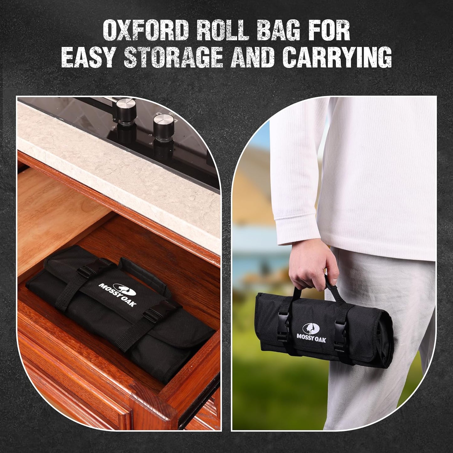 Mossy Oak Butcher Knife Set, 3PCS Hand Forged Chef Knives with Oxford Roll Bag, Meat Cleavers Full Tang Handle for Cutting, Boning and Chopping, Kitchen Knives for Outdoor Cooking, Camping