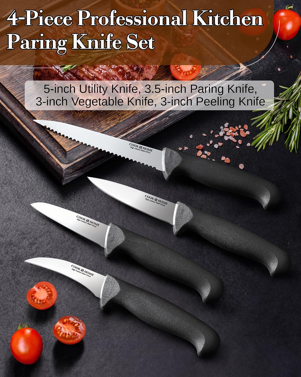 Cook N Home Professional Paring Knife Set, High Carbon Stainless Steel Kitchen Knives, Includes-Utility, Paring, Vegetable, Peeling Knife, Ergonomic Handle, 4-Piece, Black