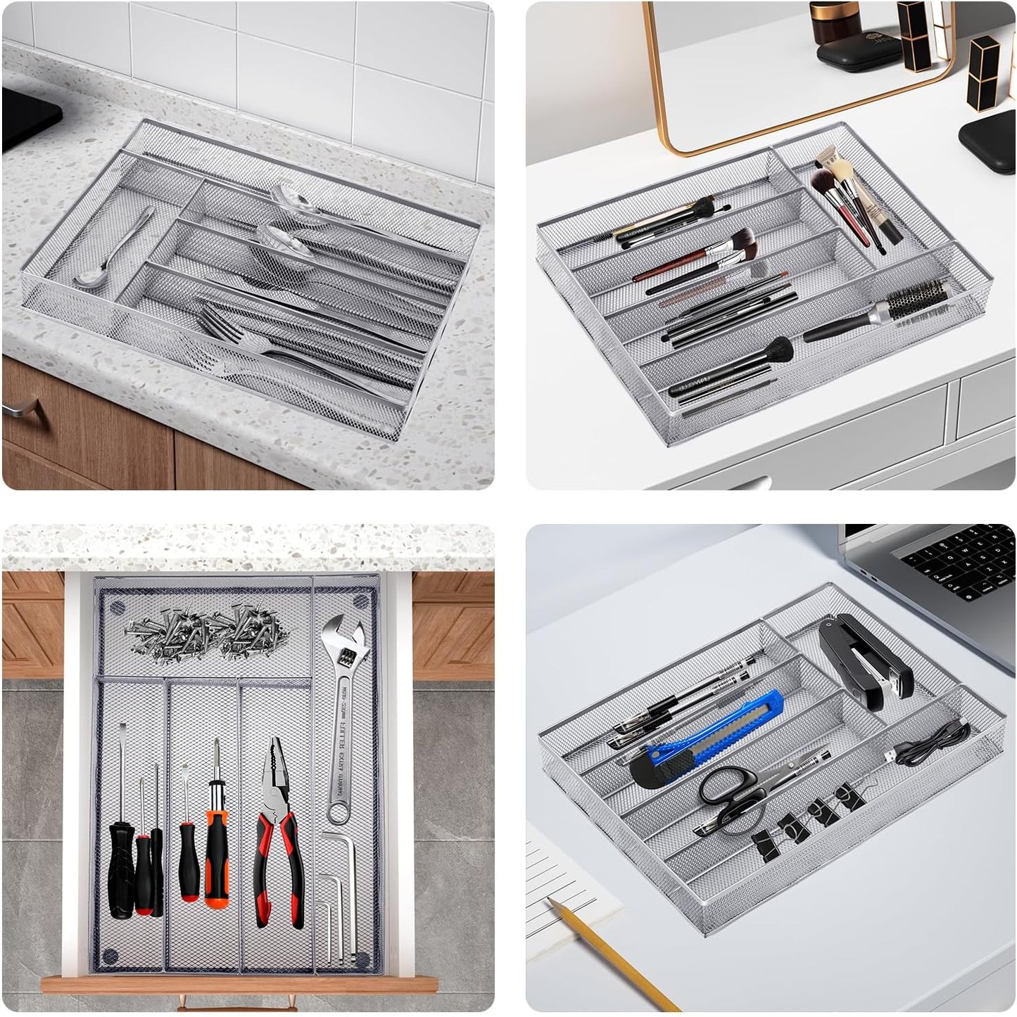 Neudeco Silverware Organizer,Mesh Drawer Organizer for Kitchen，Metal Utensil Organizer for Flatware, Knives, Spoons,Cosmetic (Silver 9 * 3 * 2 inch Pack6)