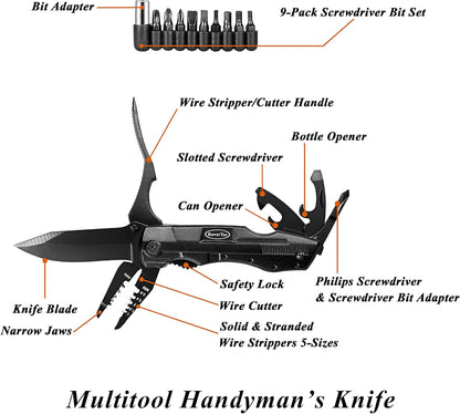 RoverTac Pocket Knife, 15-in-1 Multitool with Pliers, Bottle & Can Opener, 9 Screwdriver Bits, Locking Mechanism & Nylon Sheath - EDC Multi Tool for Camping, Hiking & DIY, Gift for Men & Dad
