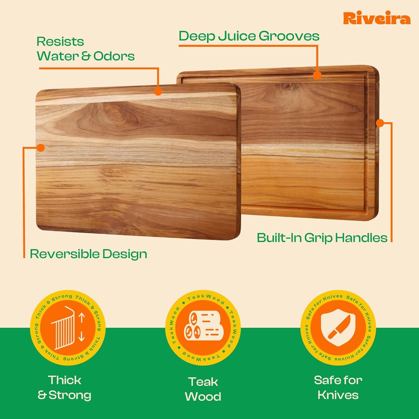 Riveira Teak Wood Cutting Board – Gourmet Teak Grandeur: 18 x 12 Wooden Cutting Board – Natural Wooden Cutting Boards For Kitchen Decorative – Innovative Juice Grooves Teak Wooden Chopping Board