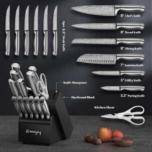 Knife Set, Emojoy 15 Pieces Kitchen Knife Block Set with Built-in Sharpener, High Carbon Stainless Steel Sharp Knife Block Set with Hollow Handle