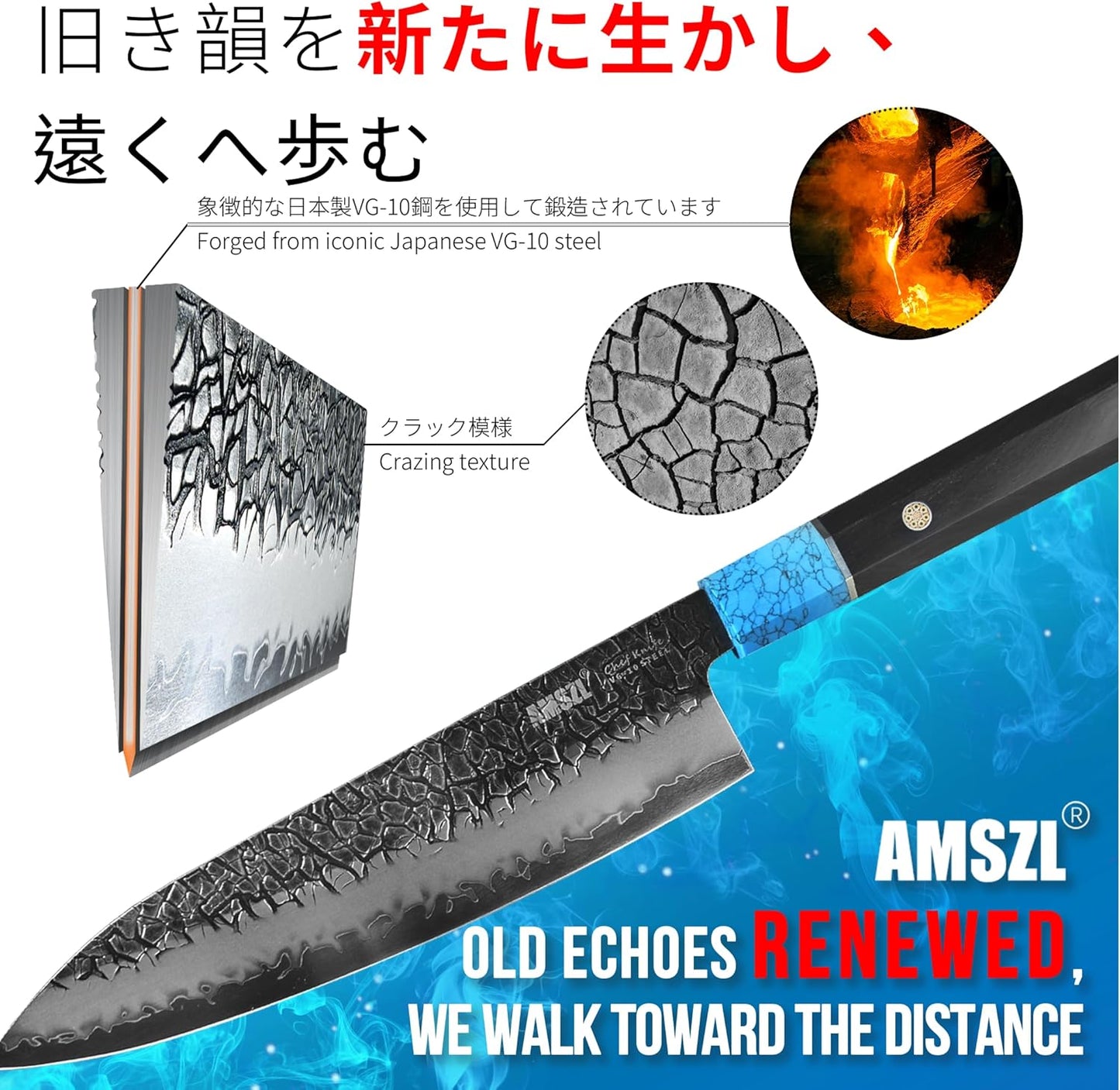 Japanese 8" Forged Chef Knife for Kitchen, Razor Sharp VG10 Steel Core with 5-Layer High Carbon Finish, Hammered Cracked Pattern, Ebony Handle with Turquoise (White)