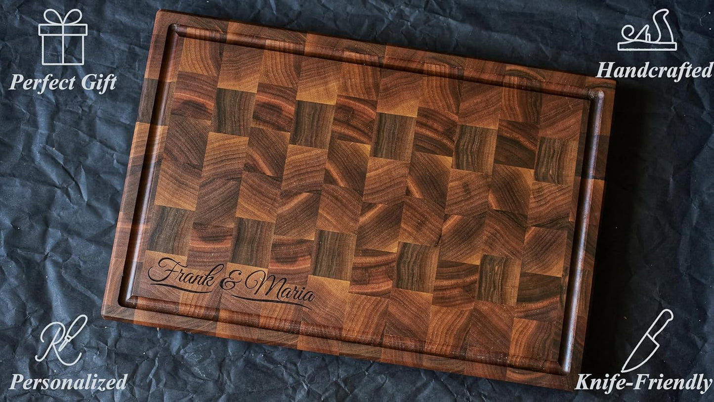 Personalized End Grain Walnut Cutting Board, GrainWoods Handcrafted Wood Kitchen Chopping Block (13x8x2 Inches)