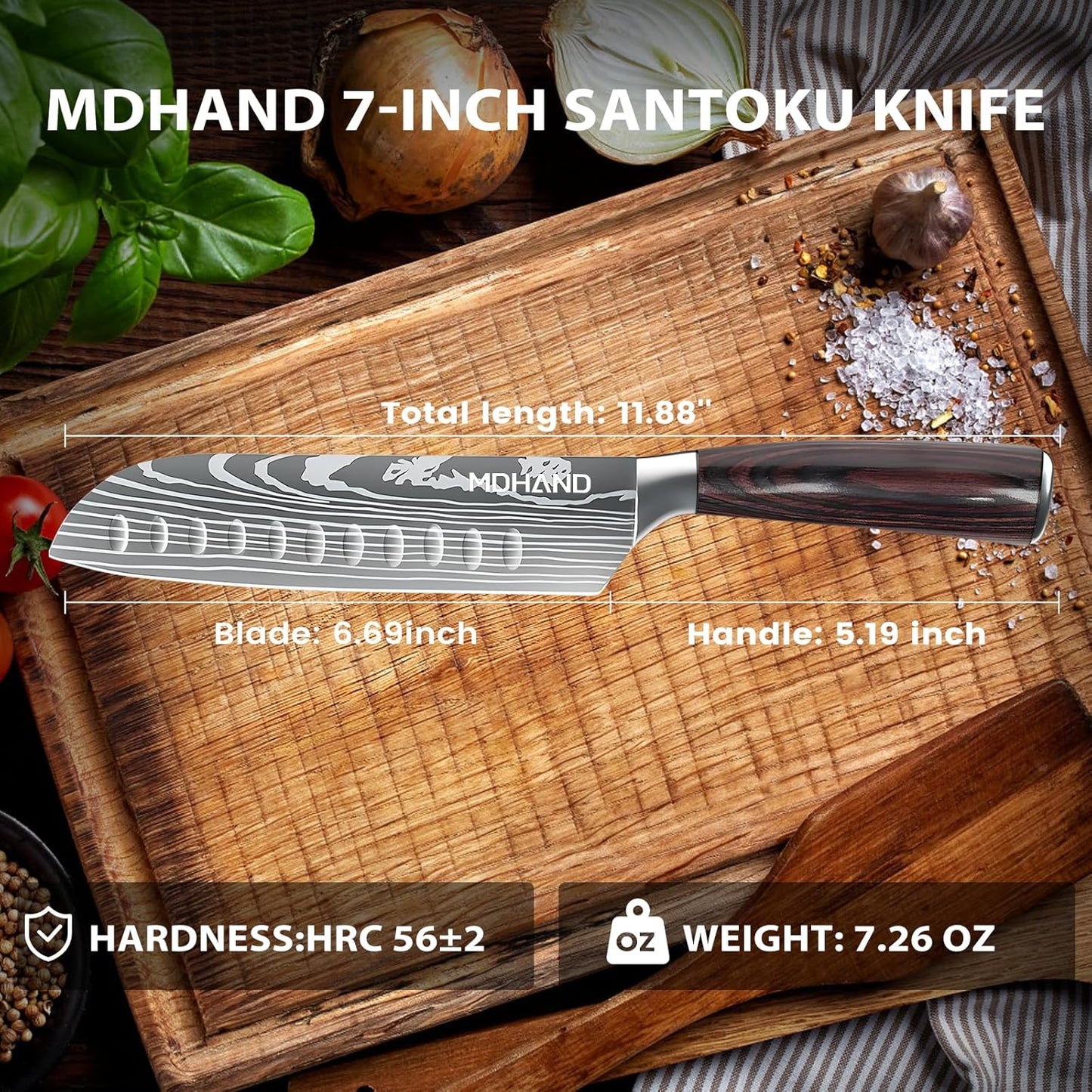 MDHAND 7" Santoku Knife - Ultra Sharp Japanese Chef Knife, Forged German Stainless Steel Chopping Knife with Ergonomic Pakkawood Handle Design, Home Cooking Gifts for Women and Men