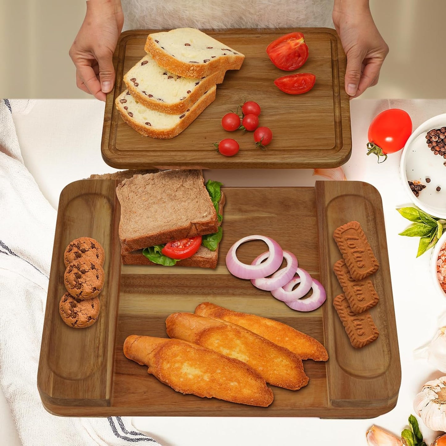 Set of 7 Large Acacia Wood Cutting Boards set,2-in-1Charcuterie Chopping Board & Butcher Block for Kitchen with Holder,Juice Groove,4 Color-Coded Plastic Cutting Boards for Meat,Vegetables and Cheese