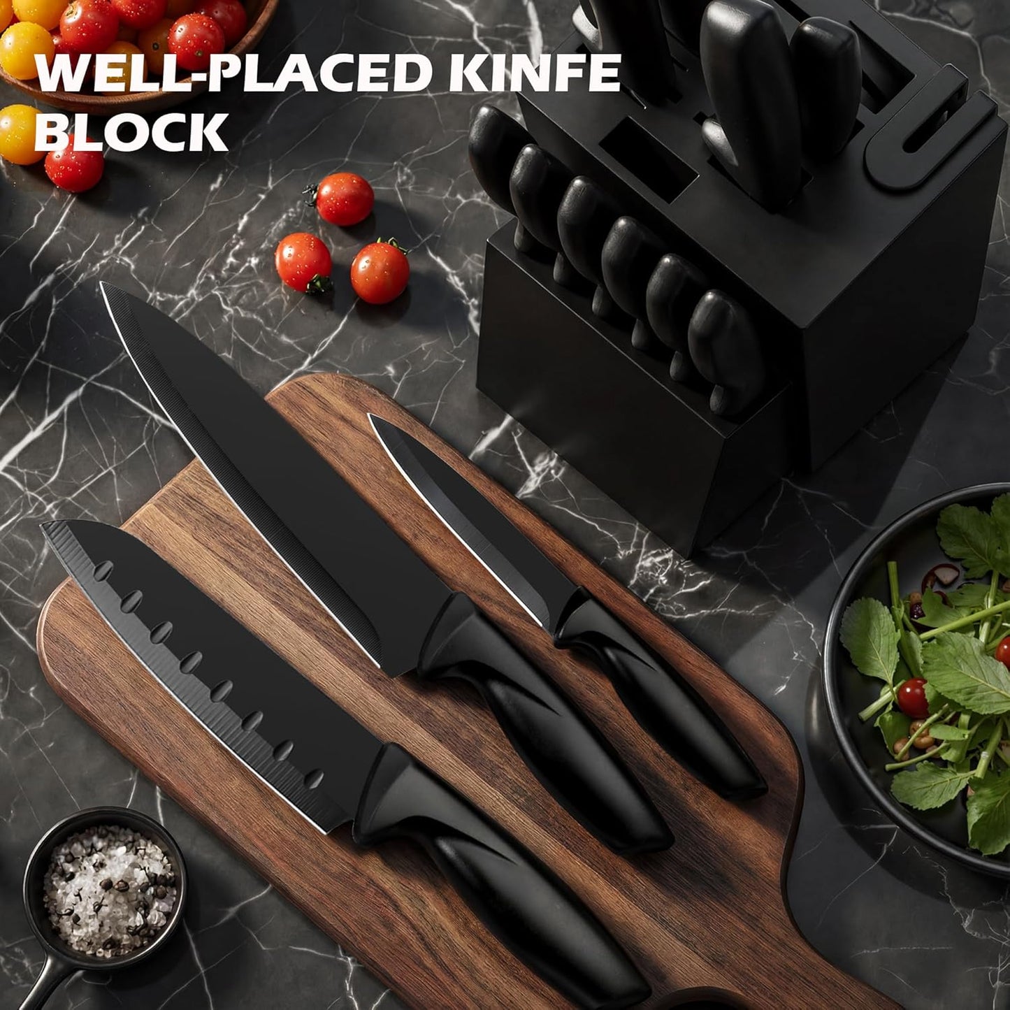 Knife Set, KroWallu 16 Pieces Knife Sets for Kitchen with Block, Dishwasher Safe Kitchen Knife Set with Built-in Sharpener, German Stainless Steel Black Knife Block Set
