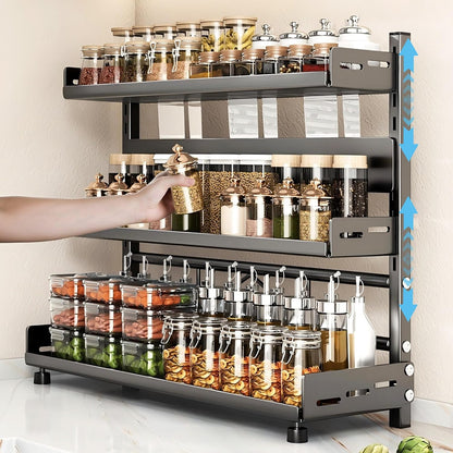 VORA Spice Organization for Cabinet, 2-Tier Metal Height-Adjustable Kitchen Countertop Spice Cabinet Organizers, Rust-Proof Kitchen Counter Shelf with Guardrail & Knife Block for Pantry
