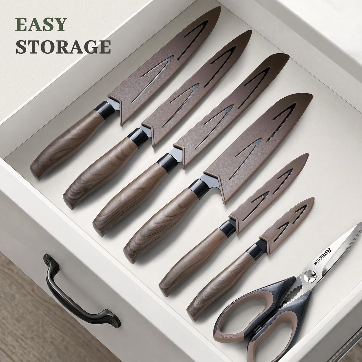 Astercook Knife Set, 13-Piece Kitchen Knives Set with 6 Blade Guards, Black Anti-Rust & Non-Stick Coating, Dishwasher Safe Stainless Steel Knives, Ergonomic Handle, Perfect for Holiday Gifts