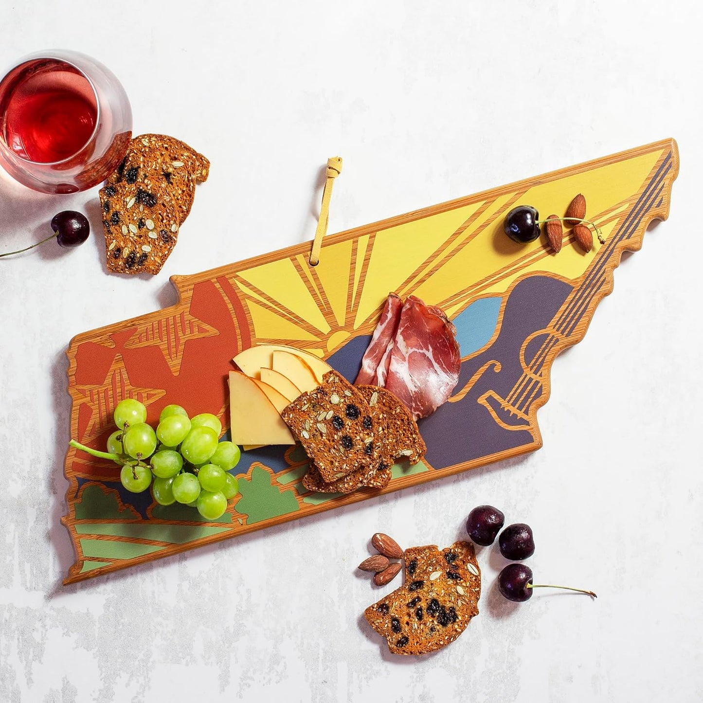 Totally Bamboo North Carolina State Shaped Cutting Board and Charcuterie Serving Platter with Artwork by Summer Stokes, Includes Hang Tie for Wall Display 18" x 8" x 5/8" - Colors A