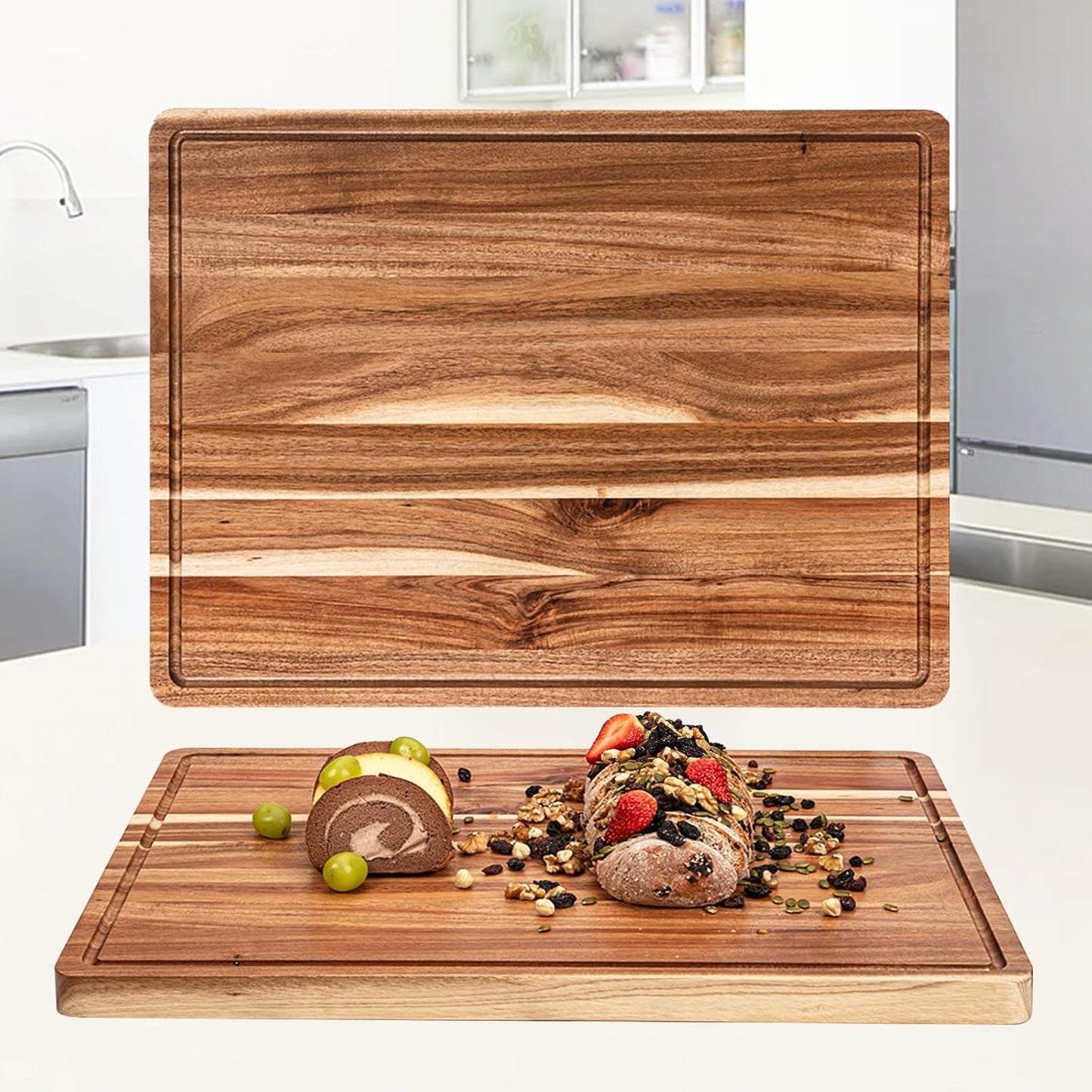 Large Wooden Cutting Board for Kitchen, 20" x 15" Acacia Wood Butcher Block Cutting Board with Juice Groove, Thick Chopping Board Carving Board for Meat Turkey Vegetables