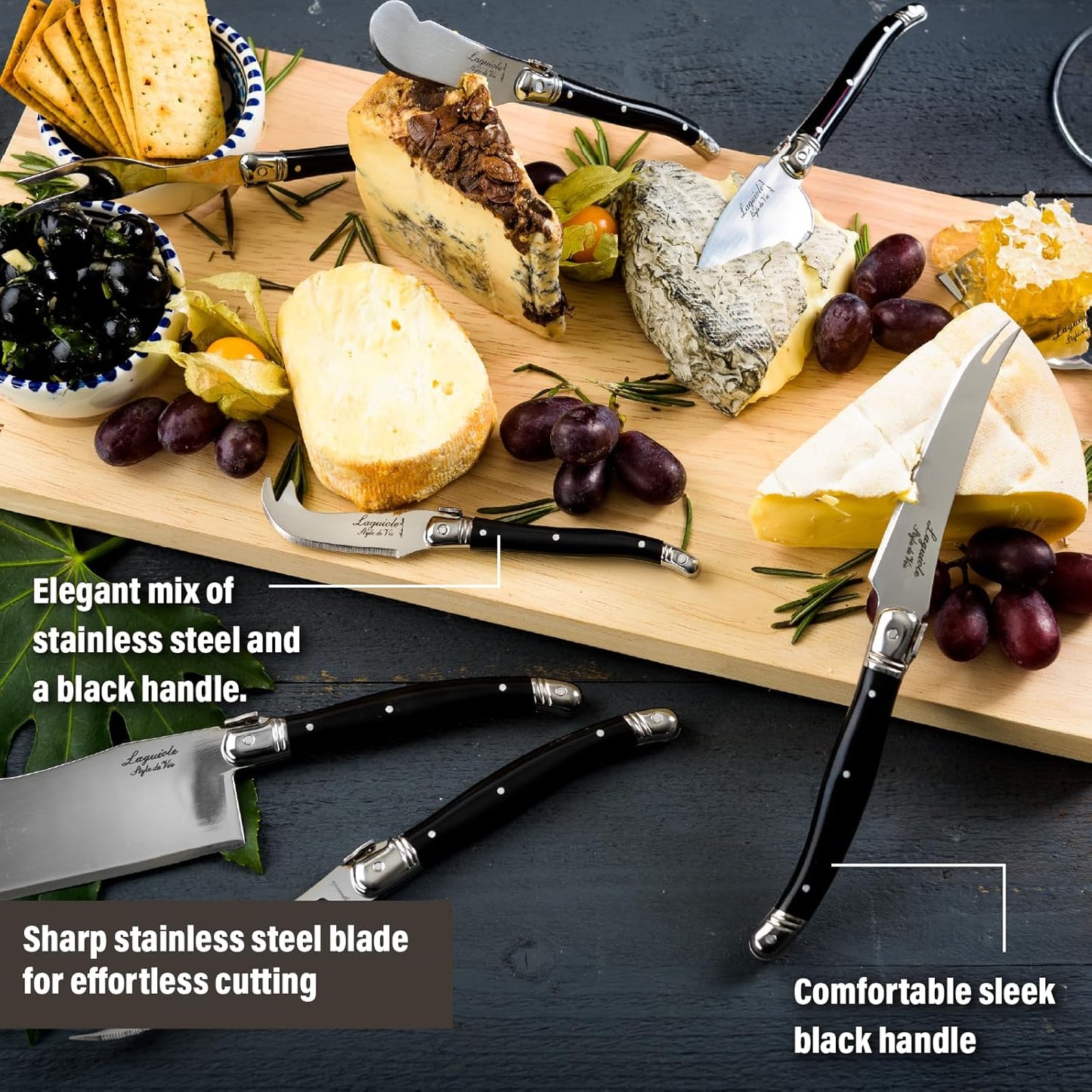 Laguiole Style de Vie Cheese Knife Set - Premium Line Cheese Knives Set with Charcuterie Board - Dishwasher Safe - Premium Tableware