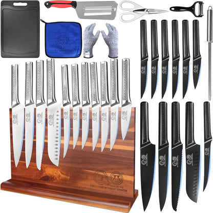 XYJ Kitchen Knife Block Set,Stainless Steel Knives Set with Magnetic Knife Block,Scissors,Gloves,Honing Steel,Japanese Style Paring Boning Steak Slicing Santoku Chef Knives,Resin Handle