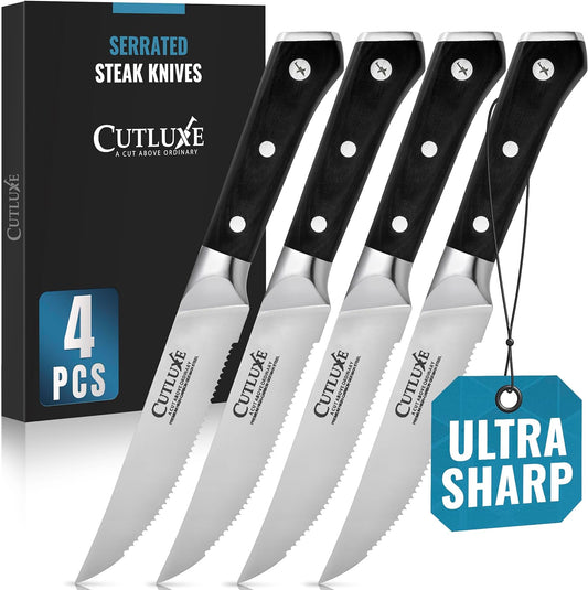 Cutluxe Steak Knives Set of 6, Serrated Steak Knives – Forged High Carbon German Steel, Full Tang, Ergonomic Handle Design – Artisan Series