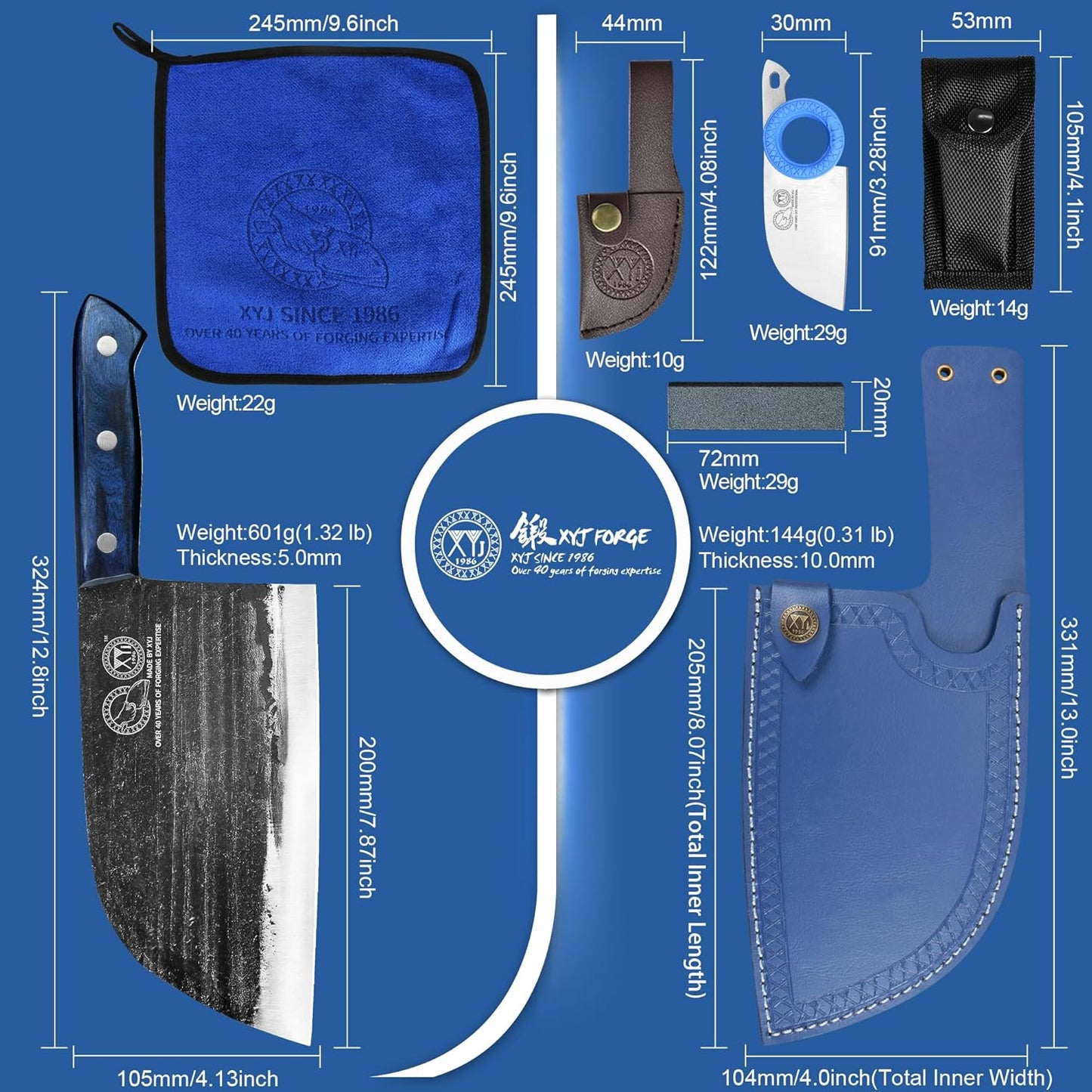 XYJ Authentic Since 1986,Outstanding Ancient Forging,6.7 Inch Full Tang,Serbian Chefs knife,Chef Meat Cleaver,Kitchen Knives,Set with Leather Sheath,Take Carrying,Butcher