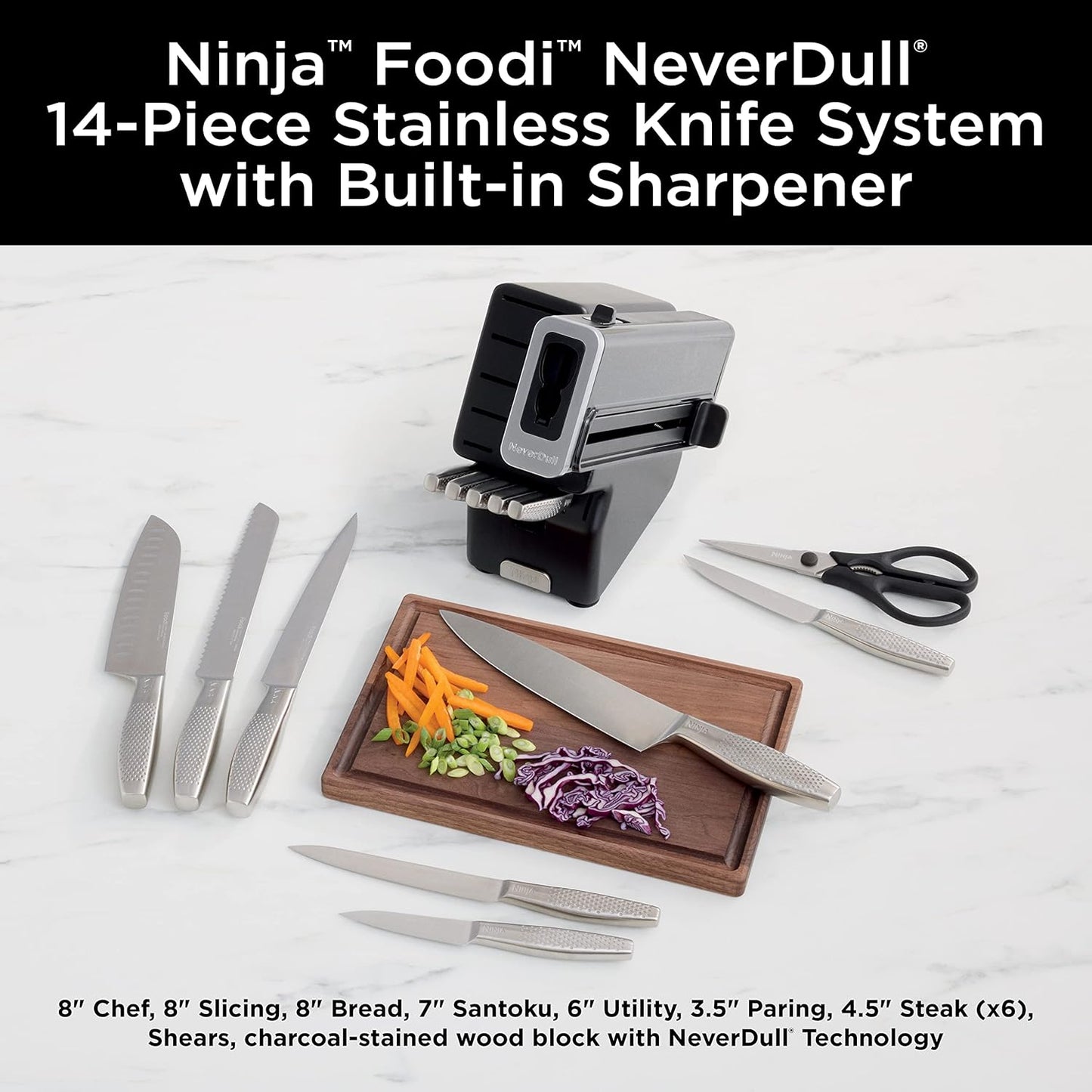Ninja K32017 Foodi NeverDull Premium Knife System, 17 Piece Knife Block Set with Built-in Sharpener, German Stainless Steel Knives, Black