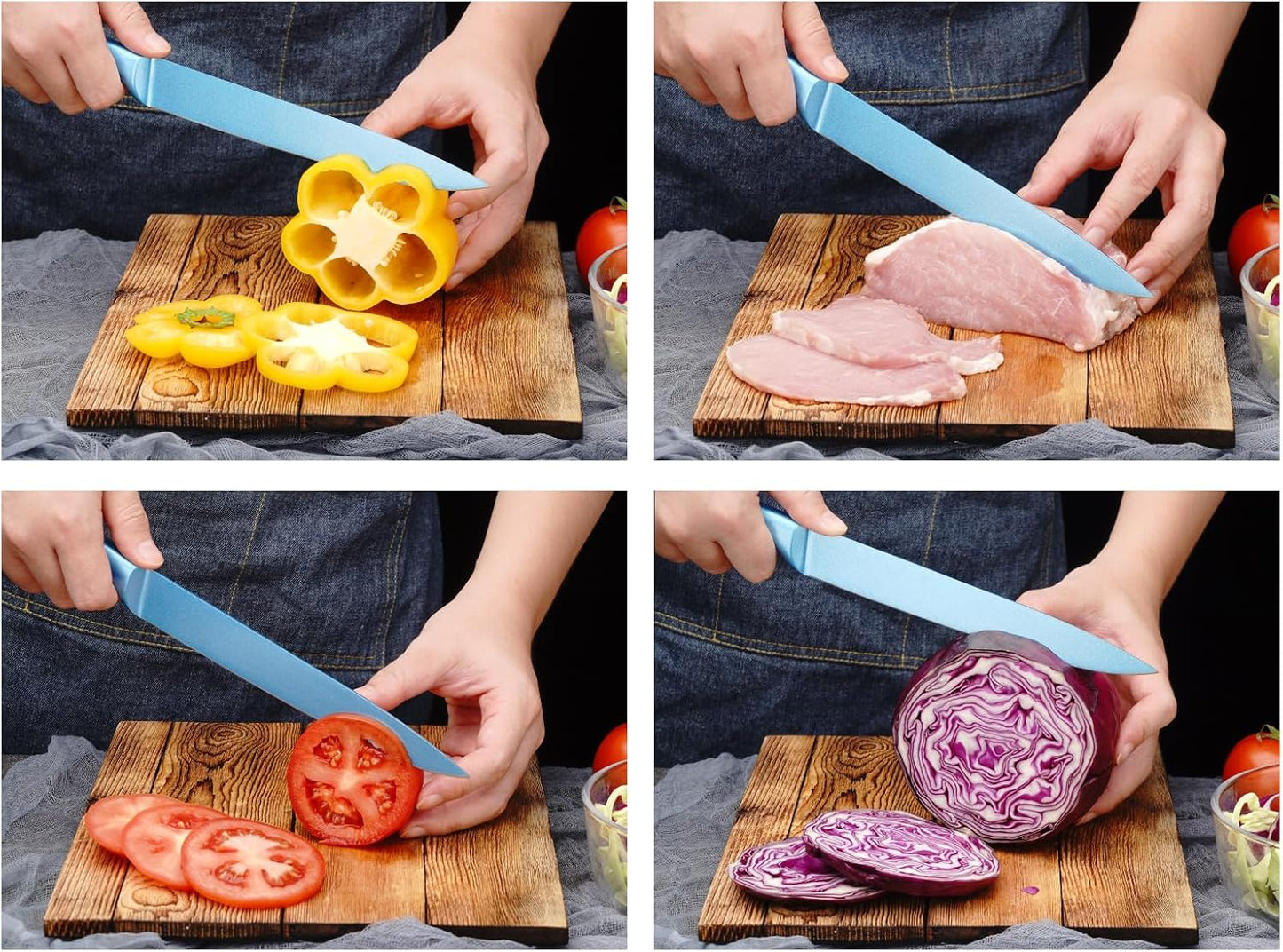 8 Inch Slicing Knife, German High Carbon Stainless Steel Blade and Ergonomic Comfortable Handle, Non-Stick Slicer Knife for Carving Slicing Cutting of Meat Vegetables and Fruits-Blue