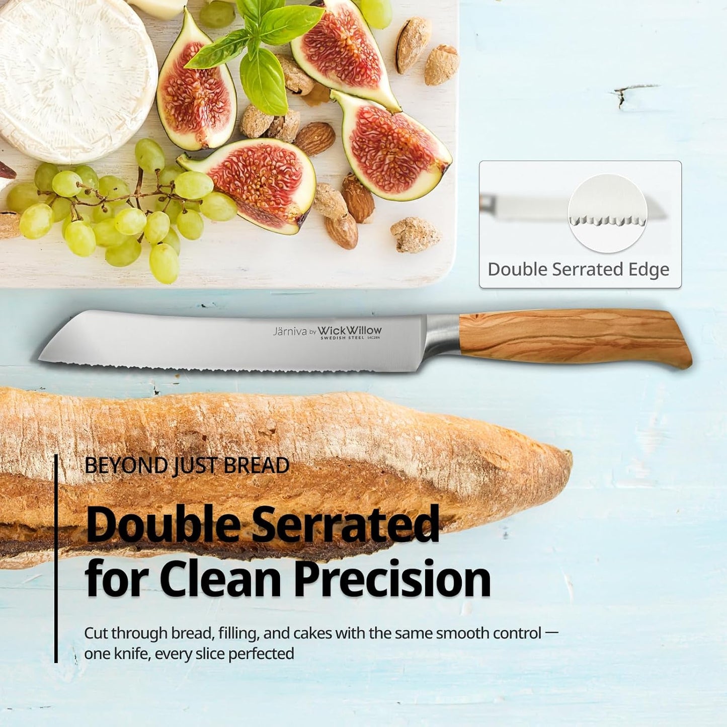 WICKWILLOW 8 Inch Bread Knife – 14C28N Steel with Italian Olive Wood Handle – Double Serrated Knife for Sourdough & Homemade Bread – Gift Box – Jarniva Series