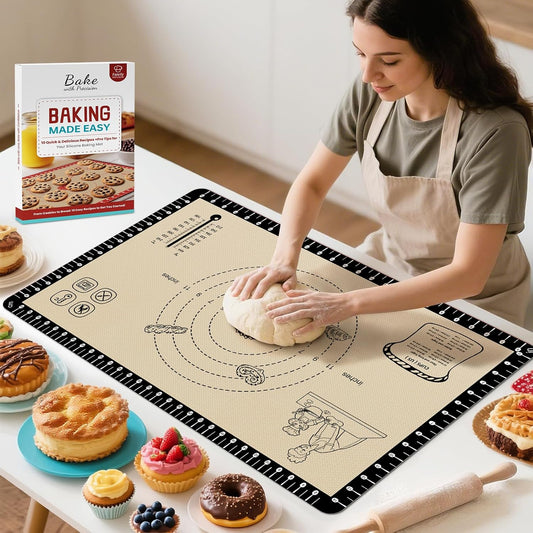 Silicone Baking Mat with Recipes, Extra Thick Silicone Mats for Baking, Non Stick Pastry Mat for Rolling Dough, Silicone Macaron Baking Mat for Cookie,Bread,Pizza,Fondant Mat, Oven&Dishwasher Safe