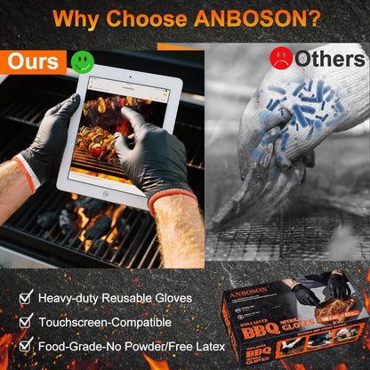 ANBOSON BBQ Gloves Disposable-Heat Resistant Cooking & Grilling Gloves Set (100 Black Nitrile, 4 Cotton Liners)-10Mil Heavy Duty Meat Handling Smoker Accessories for Hot Food Prep,Non-Slip Grip,Large