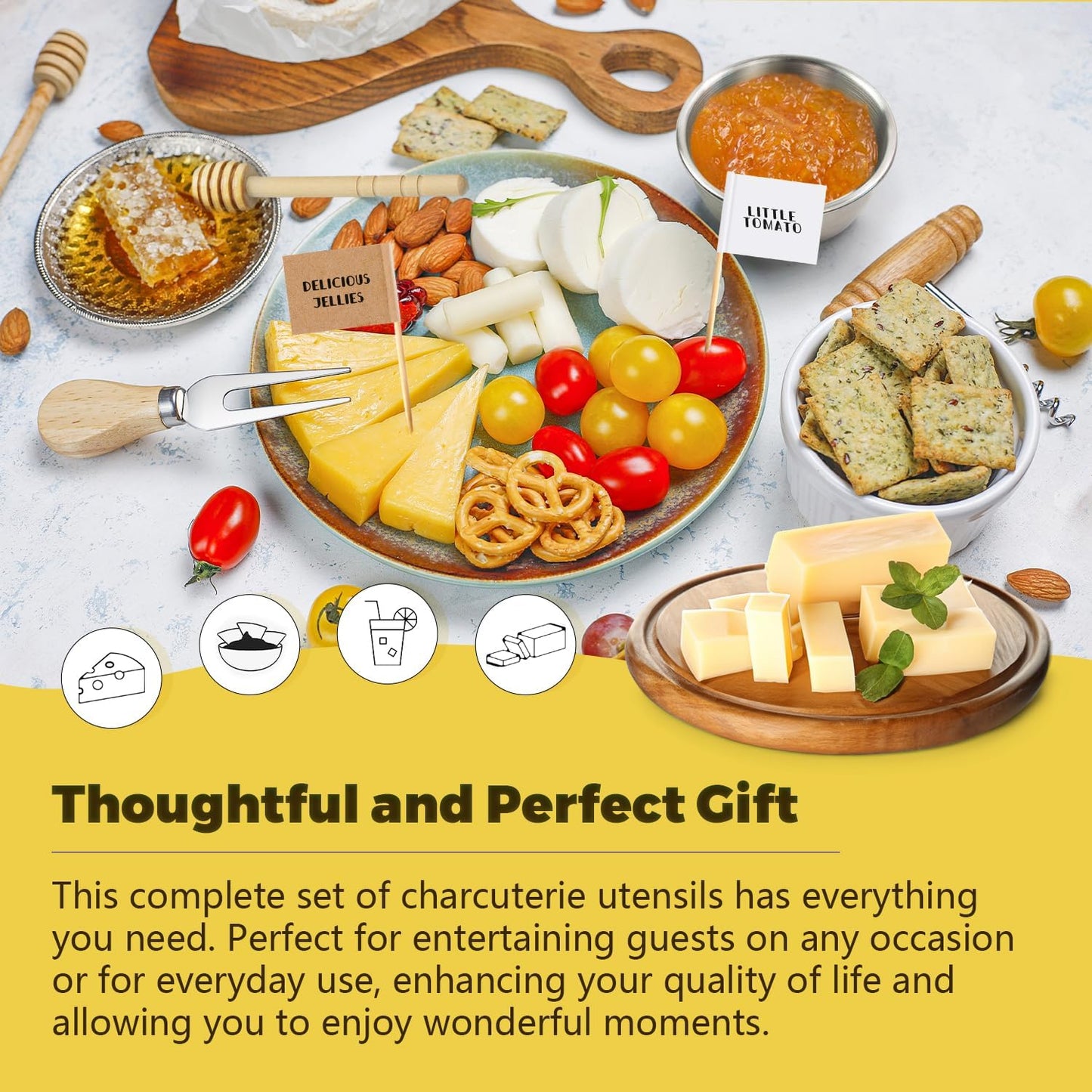 Charcuterie Boards Accessories Gold Charcuterie Utensils Cheese Butter Spreader Knife Set Small Serving Tongs Forks and Spoons Dipping Bowls Honey Dippers Toothpick Flags for Party Platter Making