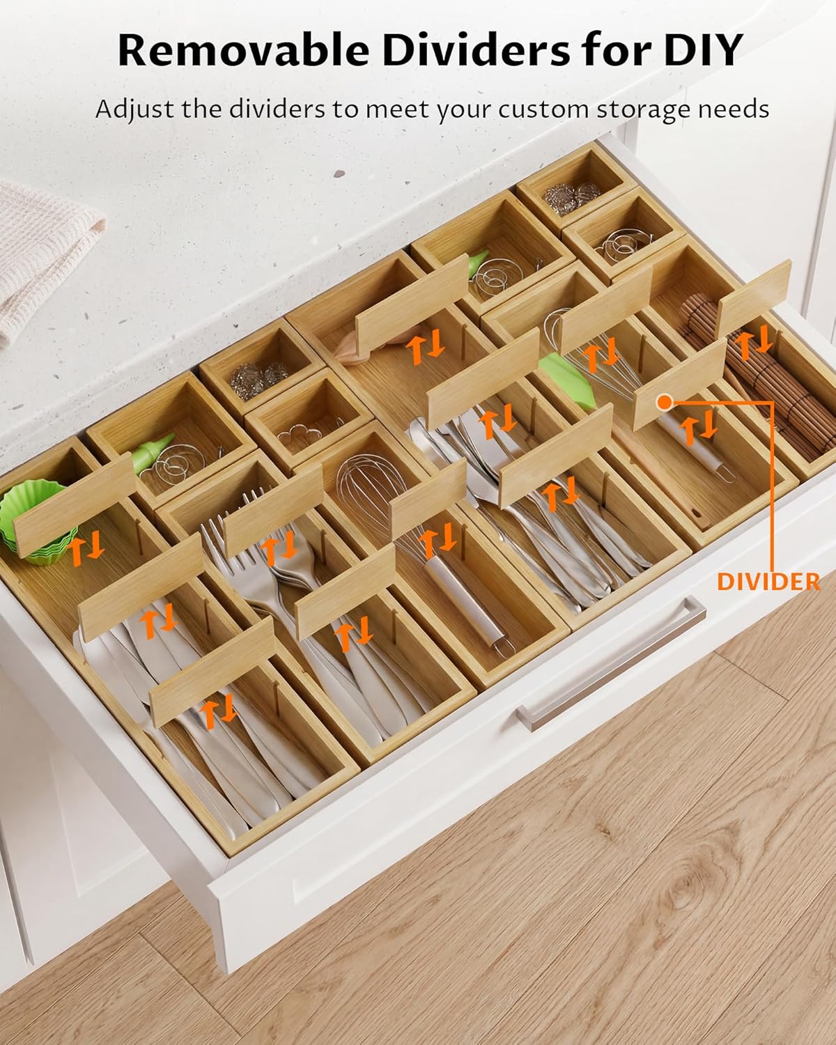 12 Compartments Silverware Drawer Organizer, 6 Piece Bamboo Utensil Tray Set for Kitchen Spoons Forks Knives, Adjustable Cutlery Holder with Removable Dividers for Flatware, Bedroom & Living Room