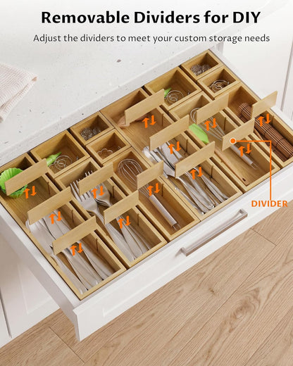 12 Compartments Silverware Drawer Organizer, 6 Piece Bamboo Utensil Tray Set for Kitchen Spoons Forks Knives, Adjustable Cutlery Holder with Removable Dividers for Flatware, Bedroom & Living Room