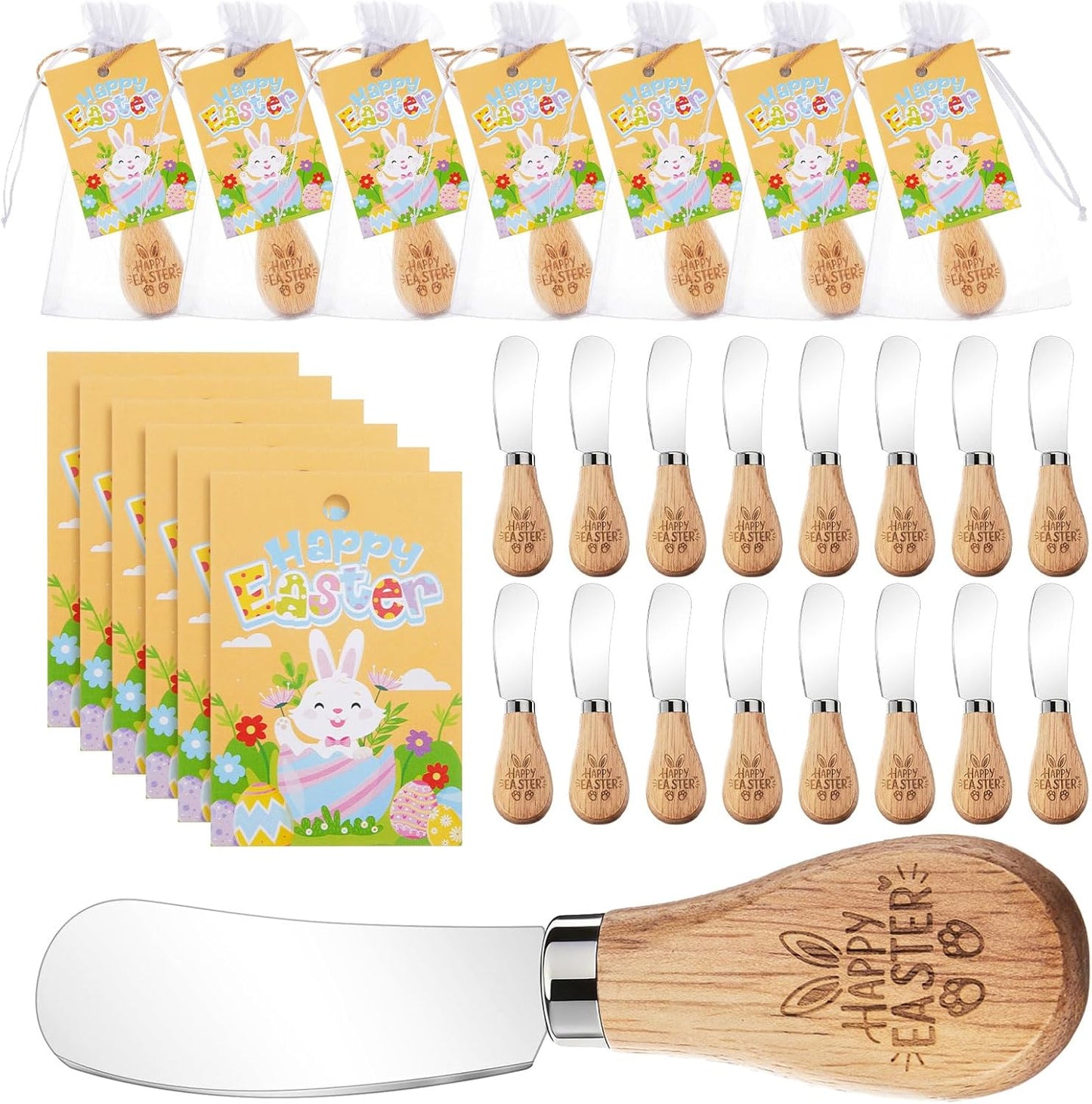 24 Pack Easter Party Favors Gift Set Cheese Spreader Knives with Greeting Cards & Organza Bags, Stainless Steel Butter Spreader with Wood Handle, Easter Charcuterie Board Table Decor
