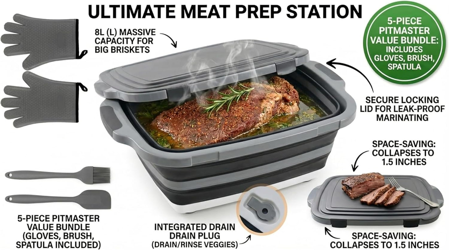 Collapsible BBQ Prep Tub with Lid & Cutting Board 8L - Meat Marinating Basin & Grill Carry System - 5pc Set with Heat Resistant Gloves, Basting Brush & Spatula(Orange, Large, 8L)
