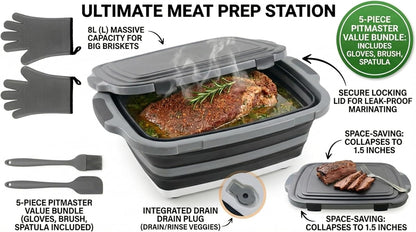 Collapsible BBQ Prep Tub with Lid & Cutting Board 8L - Meat Marinating Basin & Grill Carry System - 5pc Set with Heat Resistant Gloves, Basting Brush & Spatula(Orange, Large, 8L)