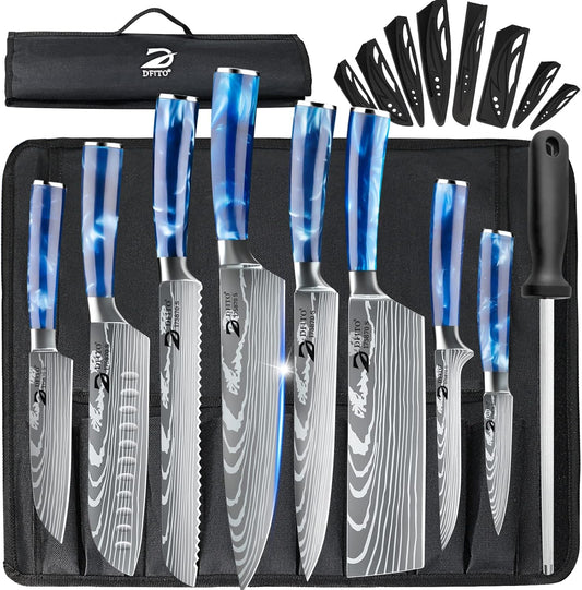 Dfito Chef Knife Sets with Roll Bag, 9 Pieces Professional Knife Set, High Carbon Stainless Steel Kitchen Chef Knife Set, Blue Resin Handle, Dishwasher Safe