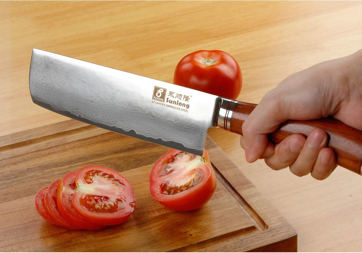SUNLONG Nakiri Knife Usuba Knife 6.5 Inch Japanese Hammered Damascus Steel 67 Layer Bloodwood Handle