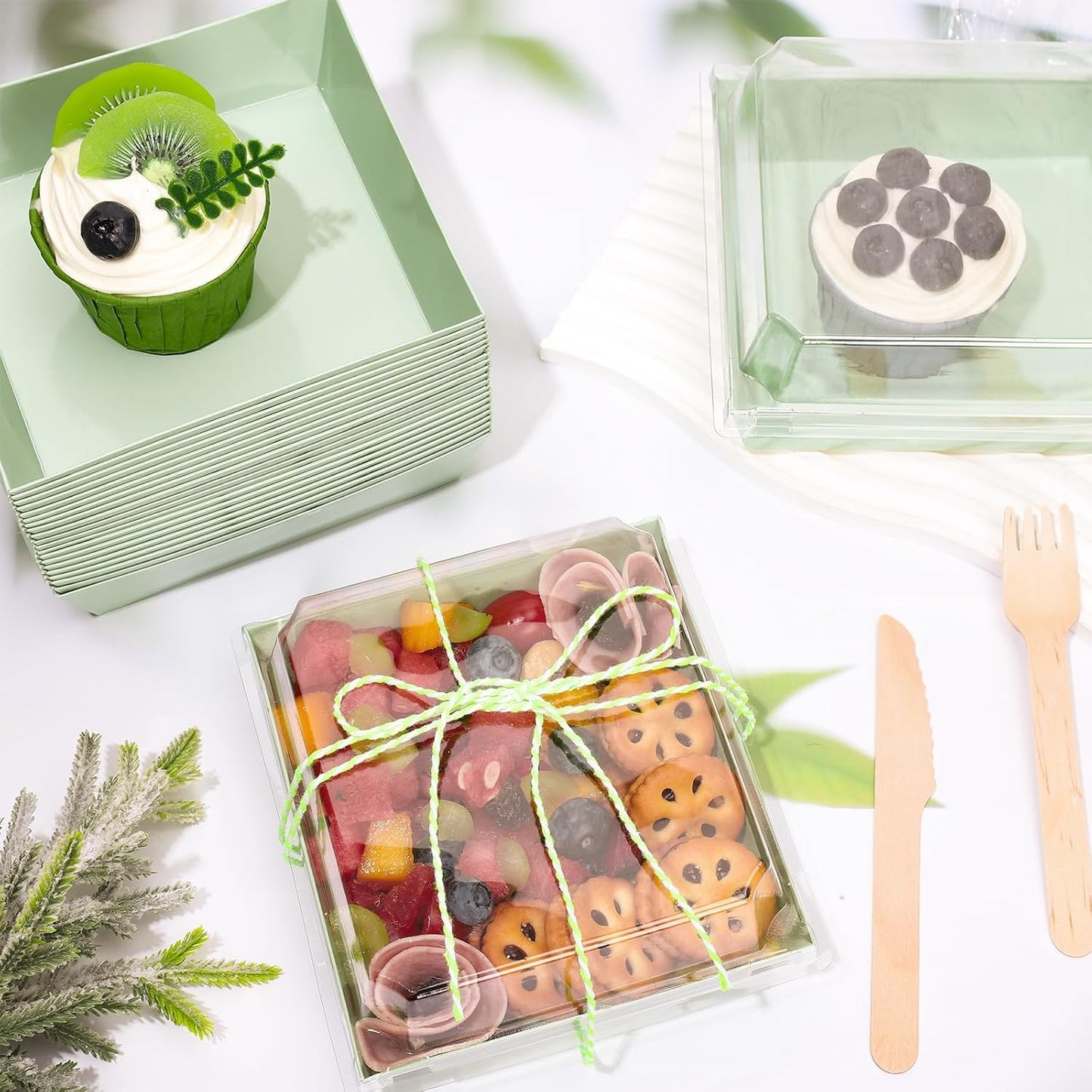Whaline 50Pcs Small Charcuterie Boxes with Clear Lids Kraft Mini Dessert Boxes with Forks and Knives 5 Inch Square Disposable Food Containers for Sandwich Cookie Sushi Cake Slice Strawberries