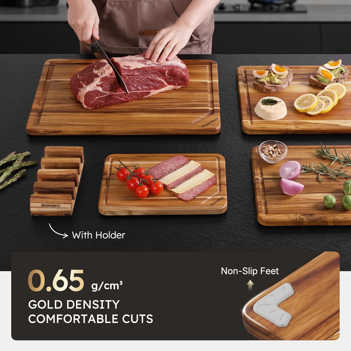 3 Pack Teak Wood Cutting Board Set for Kitchen Charcuterie Board Serving Heavy Duty Non Toxic Slip Hardwood Over Sink Solid Thick Haus Wooden Chopping Board Large Big Small Meat Best Essential Gift