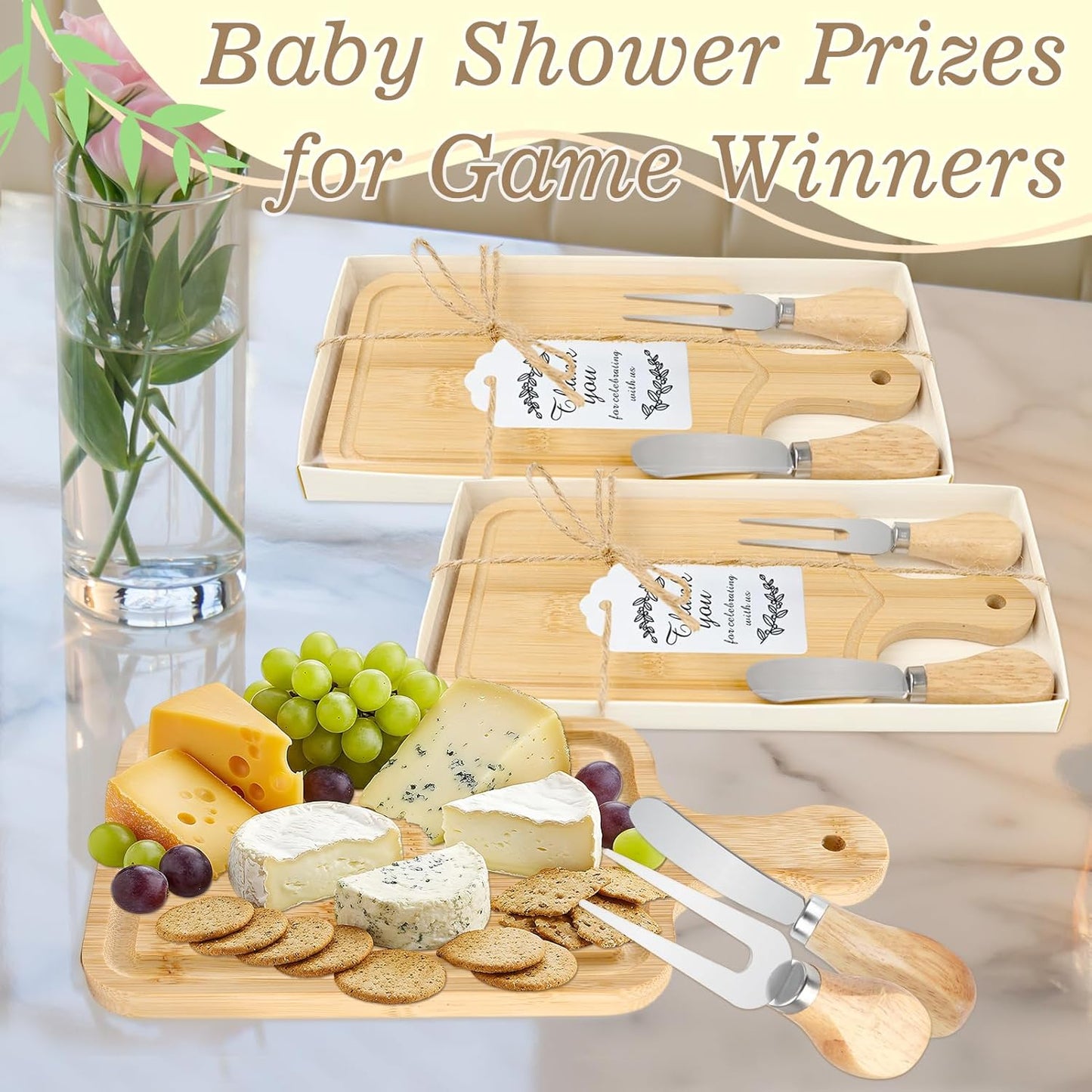 1 Set Baby Shower Prize for Game Winners Adults, Bridal Shower Prize for Guests, Small Cheese Board Gift Set with Wood Mini Charcuterie Board, Knives, Forks, Thank You Card & Gift Box