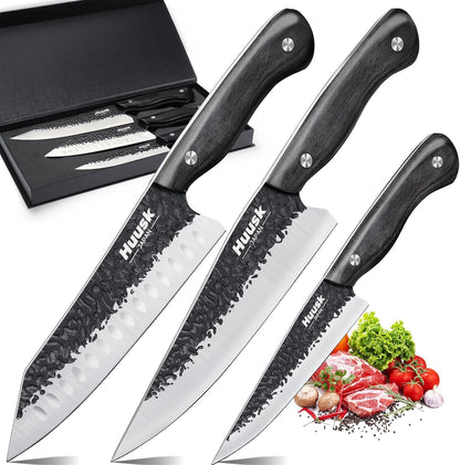 Huusk Japanese Chef Knife Set - Hand Forged Kitchen Knives for Meat Cutting - ATS-34 Carbon Steel Knives Set with Wooden Handle - Viking Cooking Knife Sets for BBQ Christmas Gift for Men and Women