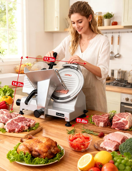 Electric Meat Slicer 10" 300W Deli and Ham Food Cheese Jerky Steak Slicer Cutting Machine Semi-Auto 0-15MM Adjustable Slice Thickness