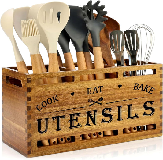Extra Large Black Wood Utensil Holder Organizer Farmhouse Kitchen Decor Cutlery Spatula Holder Silverware Caddy Wooden Cooking Utensils Holder for Kitchen Countertop Utensil Crock Spoon Tools Holder